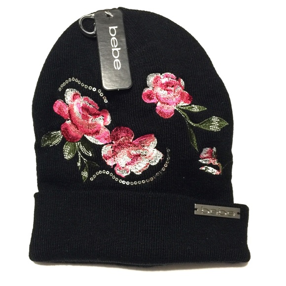 Bebe Knit Hat Beanie Sequins Black Floral NWT - Picture 3 of 6